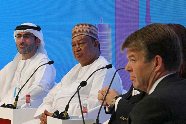 OPEC Secretary General Mohammad Sanusi Barkindo (centre) participates in the Atlantic Council's Global Energy Forum in Dubai on Monday (AFP photo)