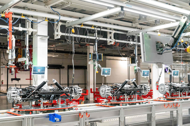 View of the inside of the Tesla Giga Texas manufacturing facility during a tour ahead of the 'Cyber Rodeo' grand opening party on Thursday in Austin, Texas (AFP photo)