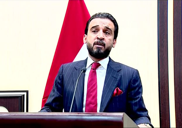 This handout video grab taken from live footage released by the Iraqi Parliament on Saturday shows newly-elected parliament speaker Mohamed Al Halbusi addressing the chamber in the capital Baghdad (AFP photo)