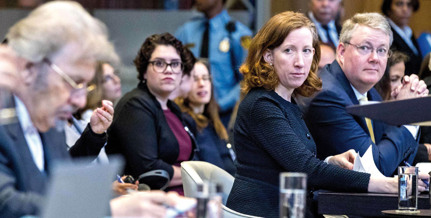 Jennifer G Newstead (centre), lawyer for the United States attends the International Court of Justice (ICJ) opening session of case between Iran and the United States in the Hague on Monday regarding the suspension of renewed US sanctions (AFP photo)