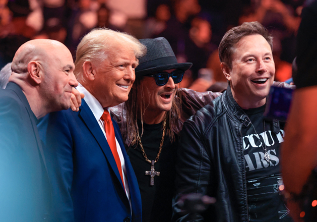 From left to right:CEO of Ultimate Fighting Championship Dana White, US President-elect Donald Trump, singer Kid Rock and Tesla and SpaceX CEO Elon Musk pose for a photo as they attend UFC 309 at Madison Square Garden in New York, on Saturday (AFP photo)