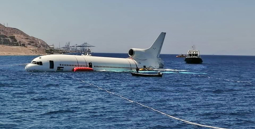   A TriStar aircraft, which has been out of service and parked at King Hussein International Airport for several years, joins Aqaba’s Underwater Military Museum  (Photo courtesy of ASEZA Facebook page)