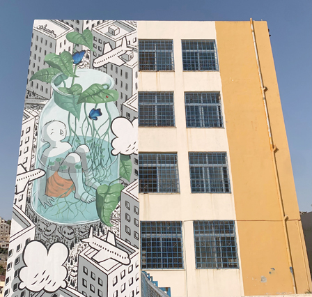 Mural by street artist Millo depicting a biosphere part of the Baladk 2022 festival at the Raba Ammon School, Amman (Photo by Artemis Sianni-Wedderburn)