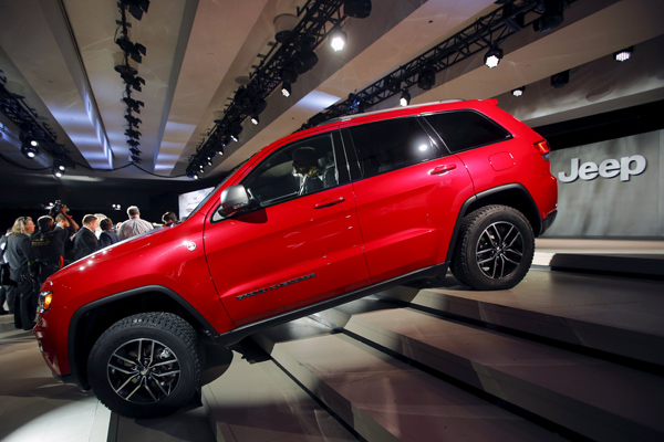 The Jeep Cherokee Trailhawk sports utility vehicle (SUV) is seen during the media preview of the 2016 New York International Auto Show in Manhattan on Wednesday  (Reuters photo)
