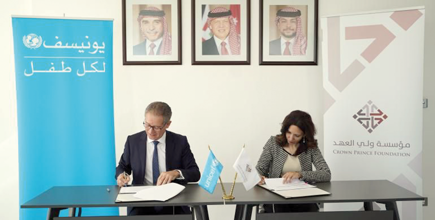 CEO of the Crown Prince Foundation Tamam Mango and Philippe Duamelle, the UNICEF Representative to Jordan, signing a partnership renewal agreement for two additional years on Monday (Photo courtesy of CPF)