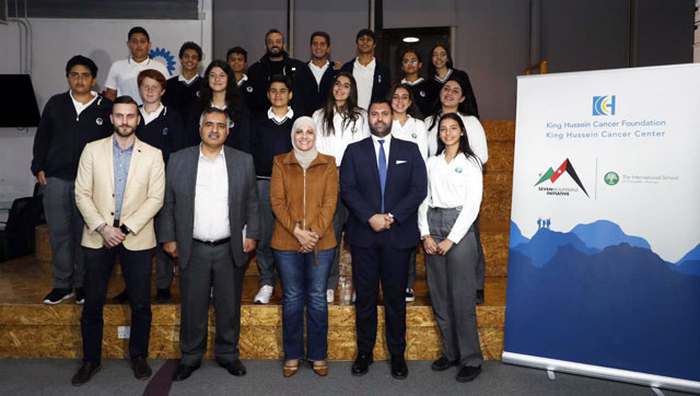 Director General of King Hussein Cancer Foundation Nisreen Qatamish poses for a photo with organisers and students participating in the Spanish Pyrenees 2020 campaign (Photo courtesy of King Hussein Cancer Foundation)