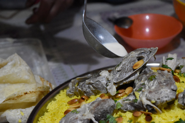 Mansaf, Jordan’s national dish, made of lamb cooked in fermented yoghurt, and served with rice (Photo by Claudia Lacave)