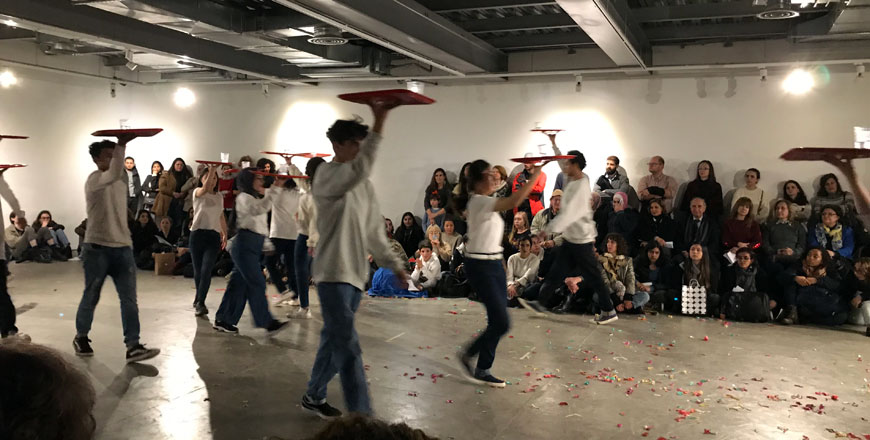   Youth perform a multimedia experimental dance titled ‘Secret Journey: Amman’ put on by Yoshiko Chuma and Ryuji Yamaguchi at the Jordan National Gallery of Fine Arts on Saturday (Photo by Johanna Montanari) 