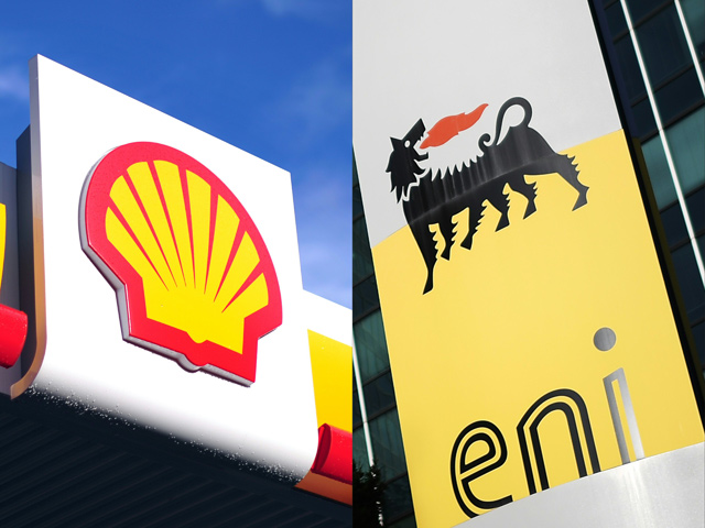 This combination of file photos shows the logo of a Shell petrol station in central London and the logo of the Italian oil and gas company Eni in San Donato Milanese, near Milan (AFP photo)
