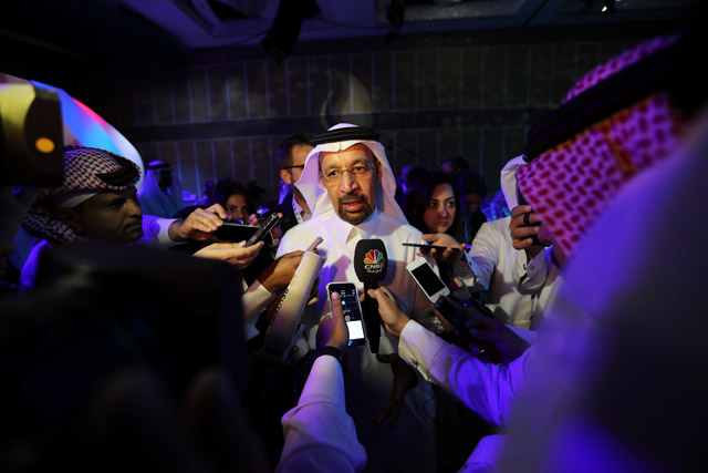 Saudi Energy Minister Khalid Al Falih speaks to the media at the Saudi-US CEO Forum 2017 in Riyadh, Saudi Arabia, on Saturday (Reuters photo)