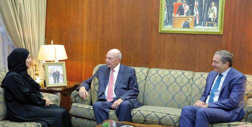 Senate President Faisal Al Fayez and First Deputy of the Senate President Samir Rafai meet with Qatari Deputy Speaker of the Shura Council Hamda Al Sulaiti in Amman on Sunday (Petra photo)