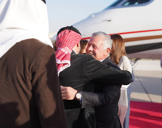 His Majesty King Abdullah upon his arrival at Marka Military Airport on Tuesday after undergoing successful surgery in Germany (Photo courtesy of Royal Court)