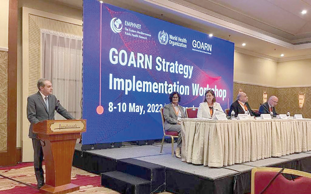 Health Minister Feras Hawari speaks during the opening session of a workshop by the Global Outbreak Alert and Response Network on Tuesday (Petra photo)