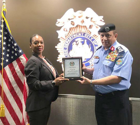 Public Security Directorate Director Maj. Gen. Hussein Hawatmeh and Commissioner of the City of New York Police Department Keechant L. Sewell during a meeting in New York on Tuesday (Photo courtesy of PSD)