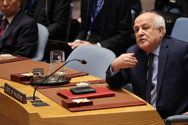 Riyad Mansour, Palestinian Ambassador to the UN, speaks during a United Nations Security Council meeting on the situation in the Middle East, including the Palestinian question at UN headquarters on Monday in New York City (AFP photo)