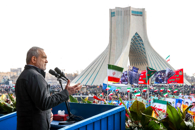 This handout photo provided by the Iranian presidential office shows Iran's President Masoud Pezeshkian giving a speech during a rally marking the 46th anniversary of the 1979 Islamic Revolution at Azadi Square in Tehran on Monday (AFP photo)