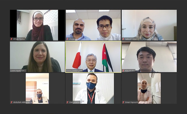 Japanese Ambassador in Jordan Shimazaki Kaoru and IOCC Country Representative Loren Hyatt, among other guests, attend a virtual  medical equipment handover ceremony on Monday (Photo courtesy of Japanese embassy)