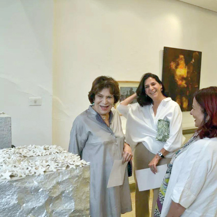 HRH Princess Rajwa Bint Ali stands next to her installation during an exhibition titled ‘Summer Exhibition: Paintings, Sculptures and Ceramics’ at the Foresight32 Art Gallery in Amman on Tuesday (Photo courtesy of Foresight32 Art Gallery)