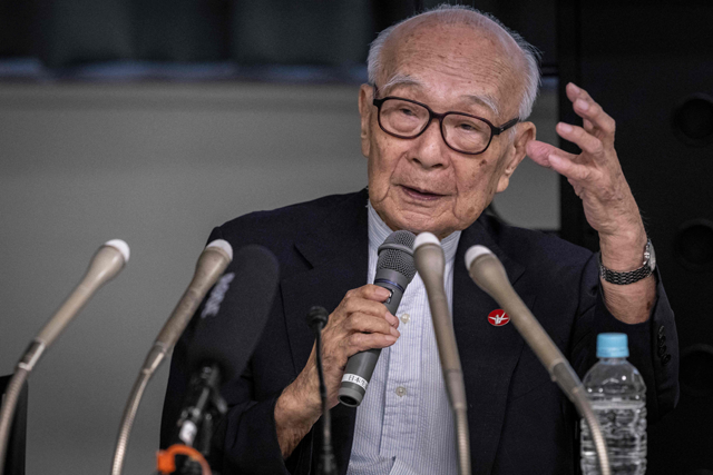 Member of the Nihon Hidankyo and atomic bomb survivor, co-chair Terumi Tanaka speaks during a press conference in Tokyo on Saturday (AFP photo)