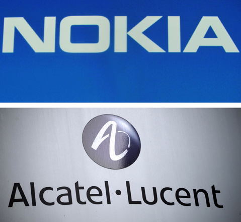 A combo of file photos shows the logos of Finland's telecommunition company Nokia (up) and of multinational telecommunication company Alcatel-Lucent  (AFP photo)