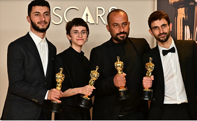 Israeli journalist and filmmaker Yuval Abraham, US producer Rachel Szor, Palestinian filmmaker Hamdan Ballal, Palestinian journalist and filmmaker Basel Adra (left to right) pose in the press room with the Oscar for Best Documentary Feature for “No Other Land“ during the 97th Annual Academy Awards at the Dolby Theatre in Hollywood, California on March 2, 2025 (AFP photo)