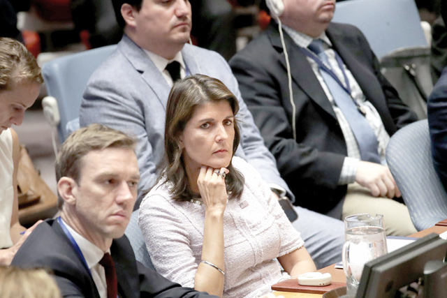 US Ambassador to the United Nations Nikki Haley looks on during a United Nations Security Council meeting at UN Headquarters on Tuesday in New York City. The Security Council discussed the ongoing conflict between Israel and Palestine (AFP photo)