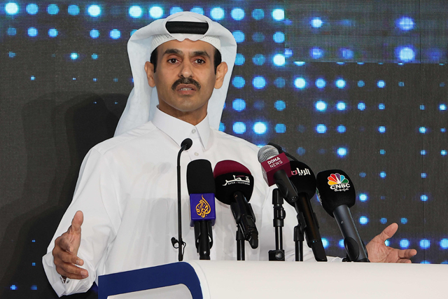 Qatar's Minister of State for Energy Affairs Saad Sherida Al Kaabi announces that Qatar Petroleum changed its name to Qatar Energy, during a press conference in Doha, on Monday (AFP photo)