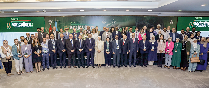 HRH Princess Basma Bint Ali, officials and guests pose for a group photo during the Digital Agricultural Solutions Forum 2023 in Amman on Tuesday (Photo courtesy of FAO)