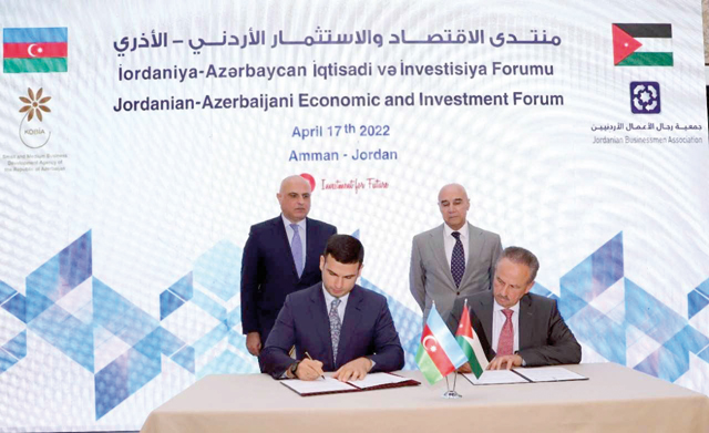 The Jordan Chamber of Commerce (JCC) and Azerbaijan signed a memorandum on Monday during a ceremony attended by representatives of the JCC and the Azeri ambassador to Jordan as well as representatives of the Small and Medium Business Development Agency of Azerbaijan (Petra photo)