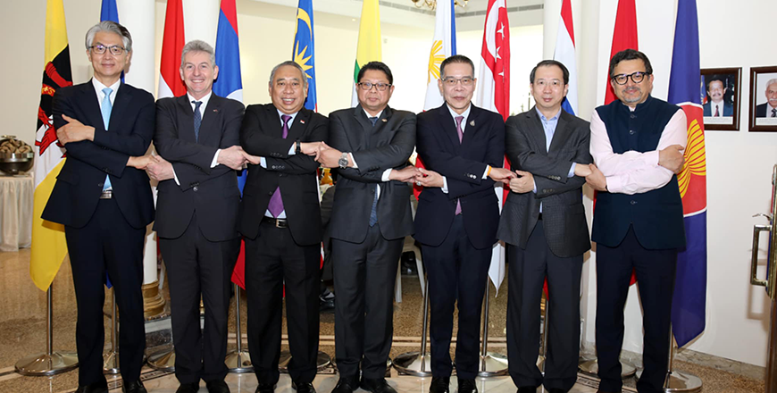 Malaysian Ambassador to Jordan Mohamad Nasri Abdul Rahman (forth from the left) and members of the diplomatic corps at the reception on introduction of logo and theme of the ASEAN-Malaysian Chairmanship 2025 at the Malaysian embassy in Amman on Wednesday (Photo courtesy of Malaysian embassy)