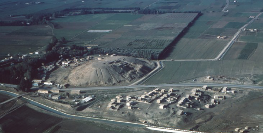 Tall Deir Alla (large mound) and Tell Abu Qa'dan (under small village), looking southwest (Photo courtesy of ACOR)