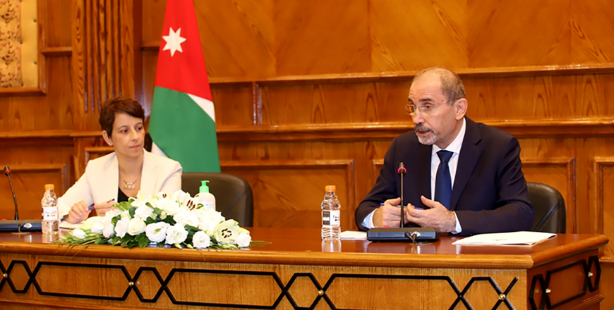 Deputy Prime Minister and Foreign Minister Ayman Safadi speaks during a meeting with the ambassadors of EU  countries in Jordan on Monday (Petra photo)