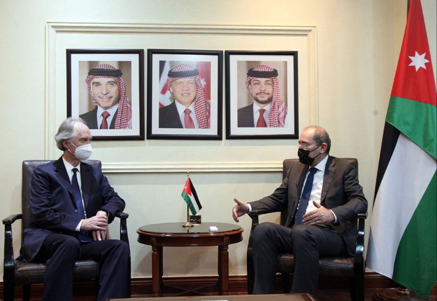Foreign Minister Ayman Safadi meets with the UN Special Envoy to Syria Geir Pedersen on Sunday (Photo courtesy of Foreign Ministry)
