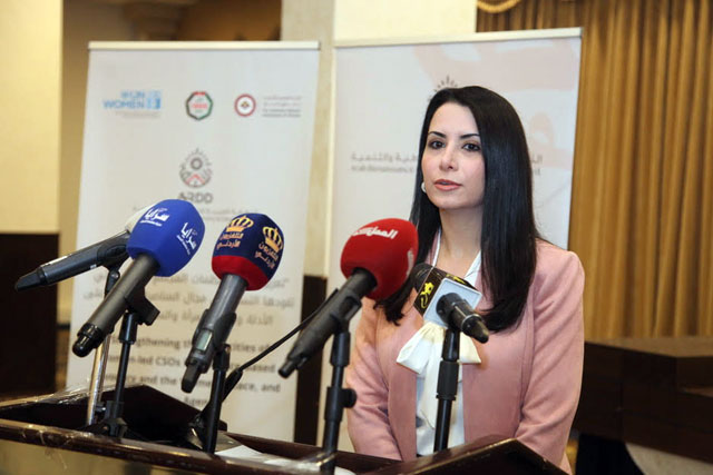   CEO of the Arab Renaissance for Democracy and Development Samar Muhareb speaks during an event marking International Women’s Day on Sunday (Photo courtesy of Arab Renaissance for Democracy and Development)