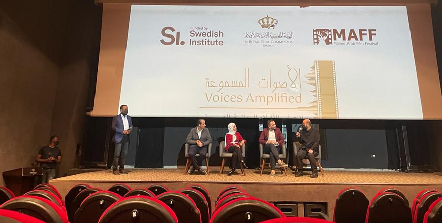 From left: Jordanian filmmakers Mohammad Khabour, Mooney Abu Samra  and Karam Awadat during a briefing after a screening of their films at the Rainbow Theatre on March 30 (Photo by Synne Bjerkestrand)