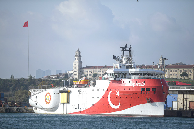 This photo taken on August 23, 2019 shows a view of Turkish General Directorate of Mineral research and Exploration's Oruc Reis seismic research vessel docked at Haydarpasa Port, which searches for hydrocarbon, oil, natural gas and coal reserves at sea (AFP photo)