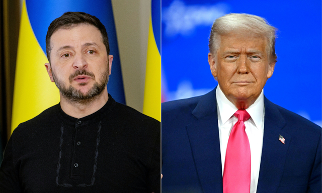 his combination of pictures created on February 25, 2025 shows Ukraine's President Volodymyr Zelensky (L) on February 12, 2025, and US President Donald Trump (R) today (AFP photo)