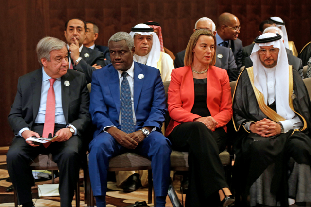 From left: United Nations Secretary General Antonio Guterres, African Union Commission Chairman Moussa Faki Mahamat and European Union Foreign Policy chief Federica Mogherini attend the 28th ordinary summit of the Arab League at the Dead Sea on Wednesday (Reuters photo)