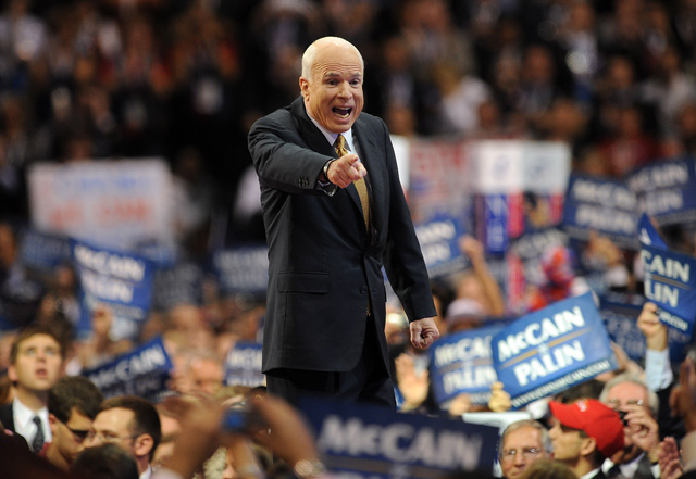 In this photo taken on September 04, 2008 John McCain, Republican presidential nominee, acknowledges the audience at the end of the Republican National Convention 2008 at the Xcel Energy Centre in St Paul, Minnesota (AFP file photo)