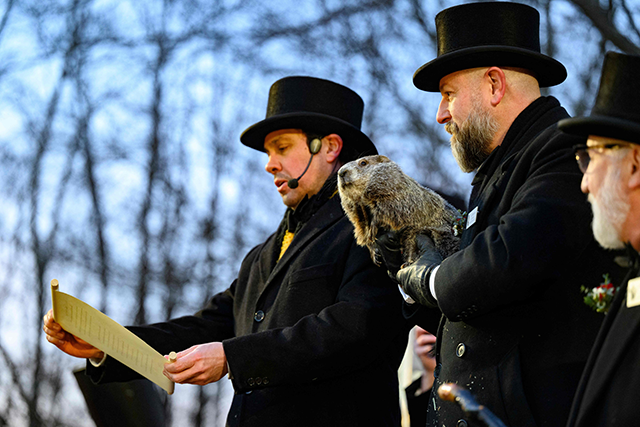 Handler AJ Dereume holds Punxsutawney Phil after he saw his shadow predicting 6 more weeks of winter during the 139th annual Groundhog Day festivities on Friday in Punxsutawney (AFP photo)