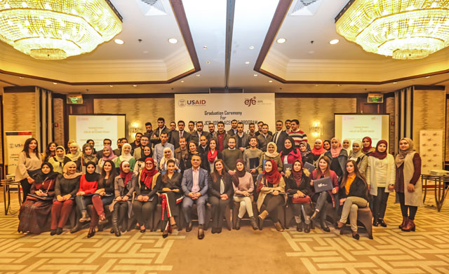 Graduates from Jordan Education for Employment and USAID supported job placement programme pose for a group photo recently (Photo courtesy of Jordan Education for Employment)
