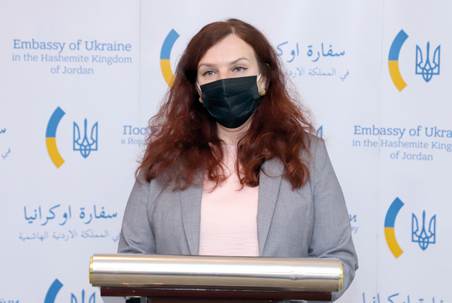 Ukrainian Ambassador to Jordan Myroslava Shcherbatiuk speaks during a press conference on Wednesday (Petra photo)