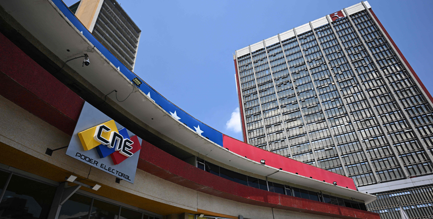 The logo of Venezuela’s National Electoral Council is seen on the facade of its headquarters in Caracas on Tuesday (AFP photo)