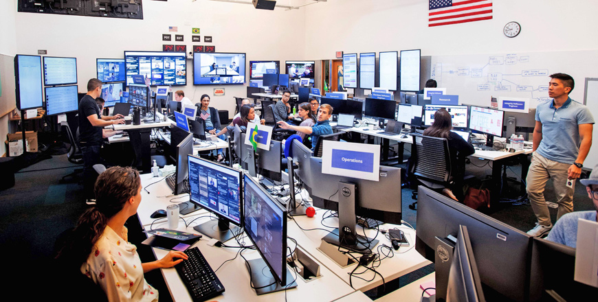 Employees work in Facebook's ‘War Room’, during a media demonstration on Wednesday, in Menlo Park, California. Facebook's Menlo Park headquarters is the nerve centre for the fight against misinformation and manipulation of the social network by foreign actors trying to influence elections in the US and elsewhere (AFP photo)