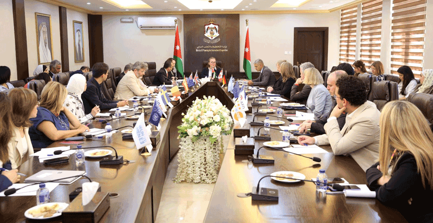 Minister of Planning and International Cooperation Zeina Toukan chairs a donor coordination meeting reviewing the progress of  National Women Strategy initiatives in Amman on Sunday  (Photo courtesy of Planning Ministry)