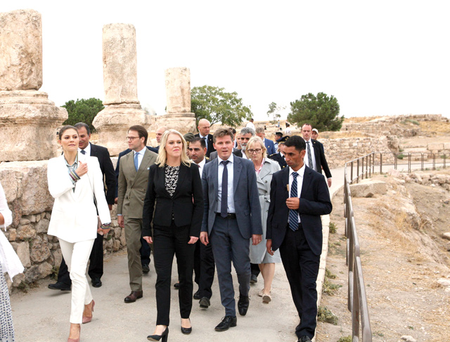 Sweden’s Crown Princess Victoria and her spouse Prince Daniel on Tuesday took a tour through Jordan’s natural and historical sites. The princess and the prince arrived in Amman on Monday for a three-day visit  (Petra photo)
