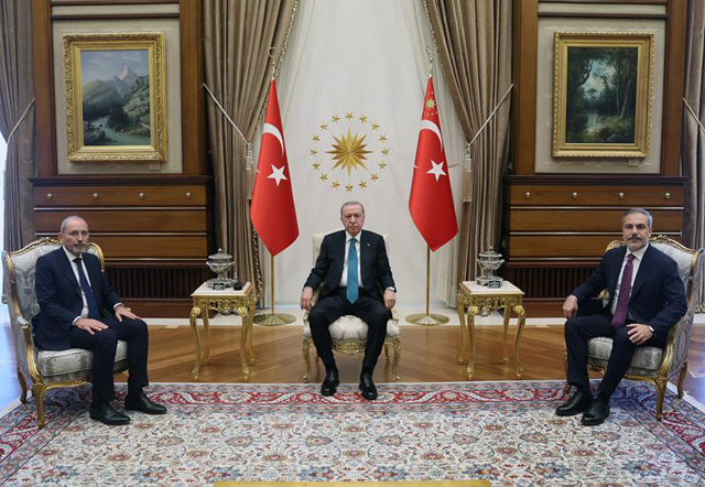 Deputy Prime Minister and Foreign Minister Ayman Safadi delivers a letter from His Majesty King Abdullah to Turkish President Recep Tayyip Erdogan (Petra photo)