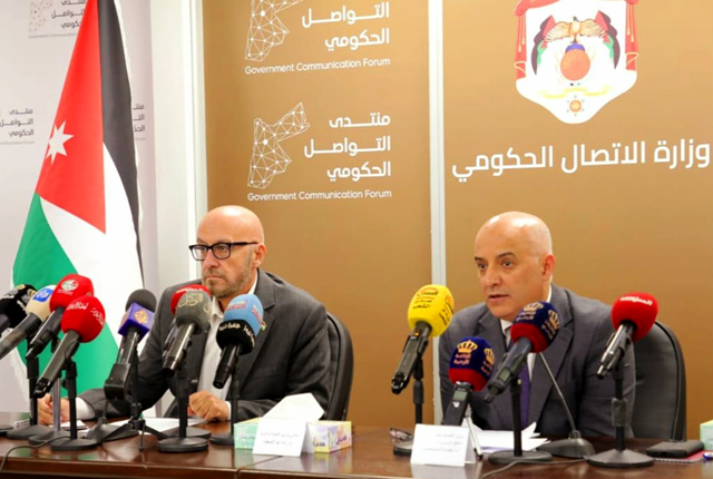 Minister of Water and Irrigation Raed Abul Saud and Minister of Government Communications Muhannad Mubaidin highlight water issues during Government Communication Forum on Tuesday (Petra photo)