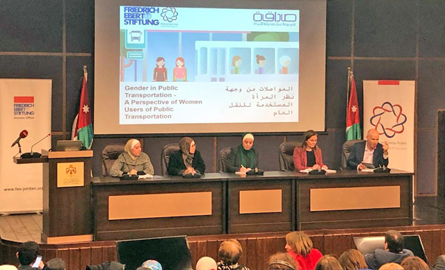In this undated photo, The Friedrich Ebert Stiftung and SADAQA release their findings on transportation obstacles facing Jordanian women’s participation in the labour market  (Photo courtesy of SADAQA)