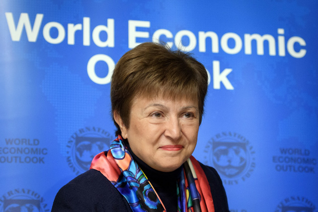 In this file photo taken on January 20, 2020, International Monetary Fund Managing Director Kristalina Georgieva attends a World economic outlook during the annual meeting of the World Economic Forum in Davos (AFP photo)
